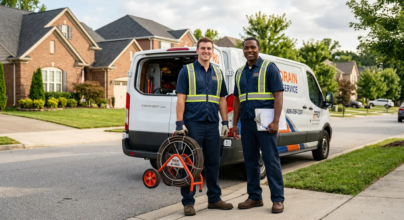 Sewer and drain service team with equipment ready for work in West Caldwell