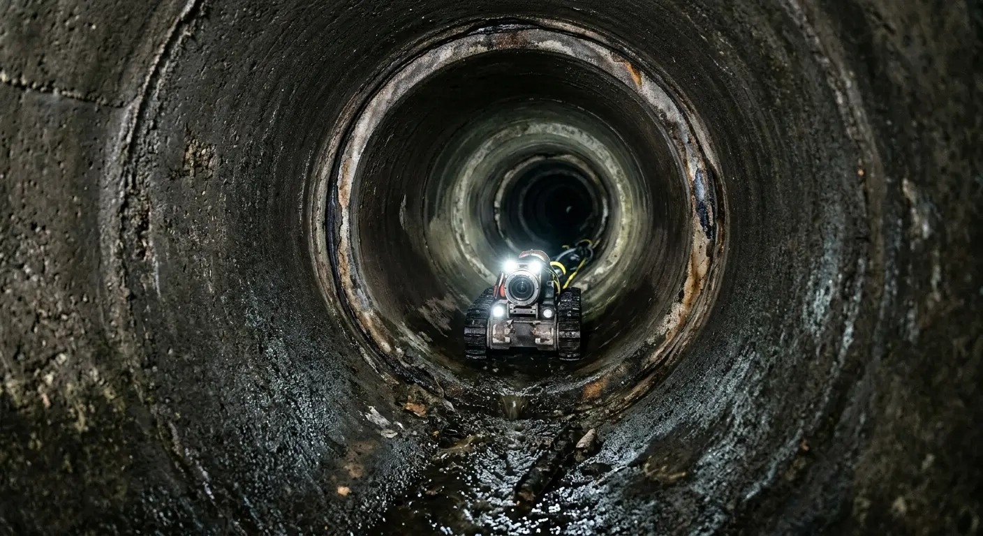 Robotic sewer camera inspecting pipe interior for Sewer Line Cleaning in West Caldwell