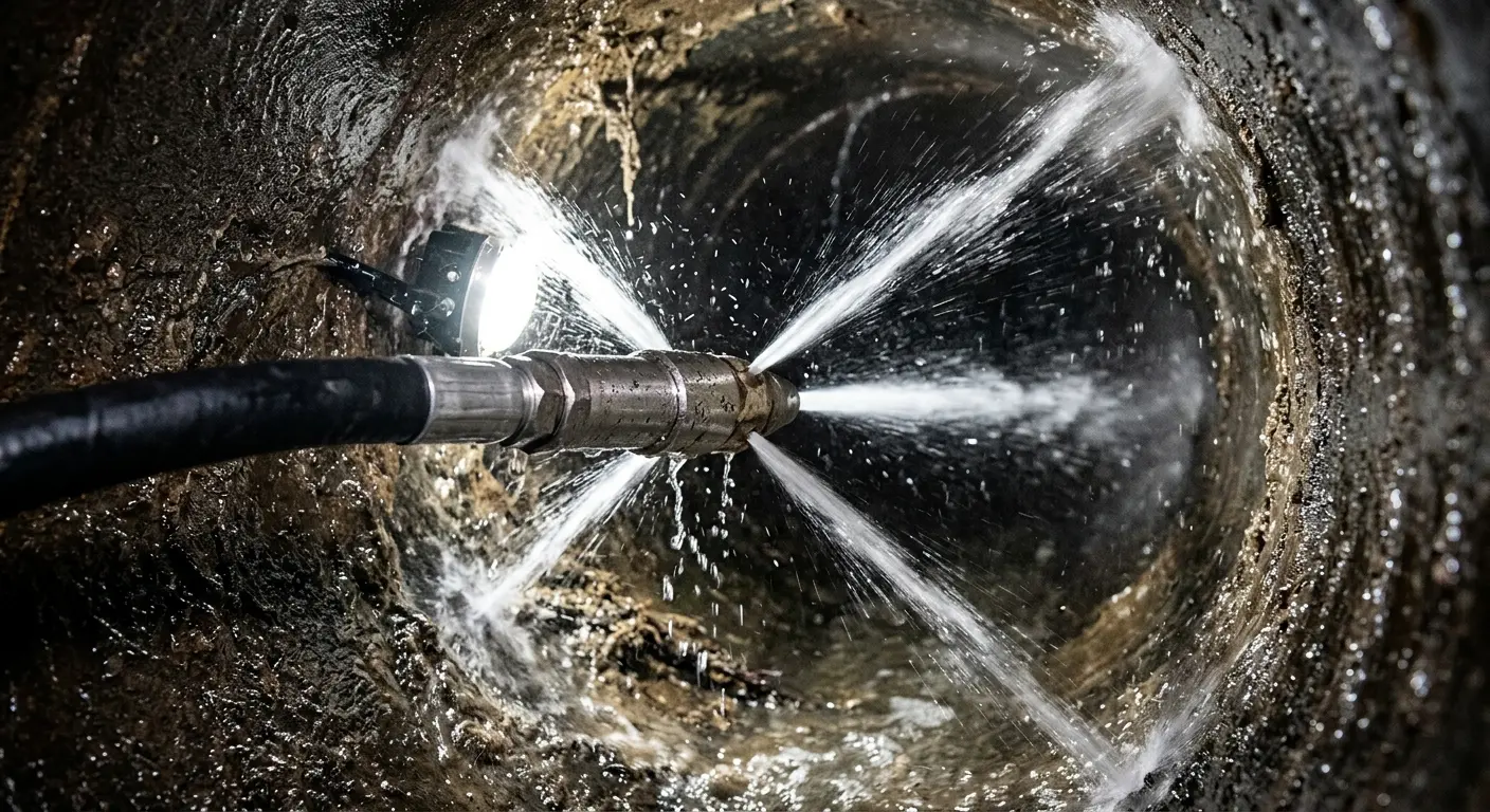 High-pressure hydro jetting nozzle cleaning sewer pipe for Storm Drain Cleaning in West Caldwell