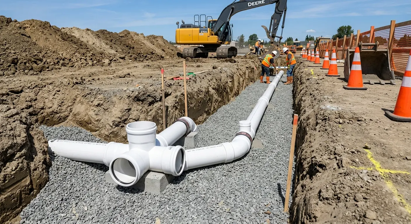 New PVC sewer pipe installation in open trench for Grease Trap Cleaning in West Caldwell
