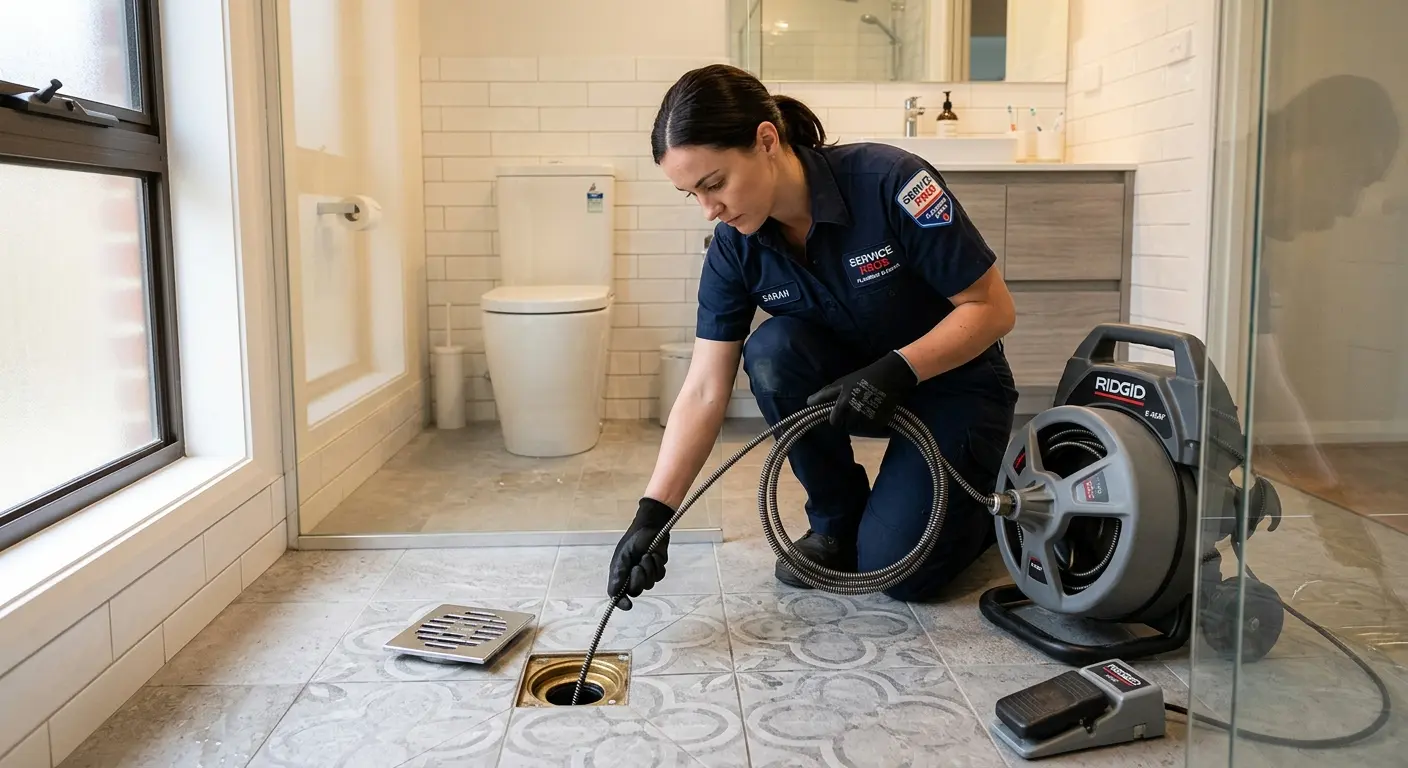 Technician clearing a bathroom floor drain for Sewer Line Replacement in West Caldwell